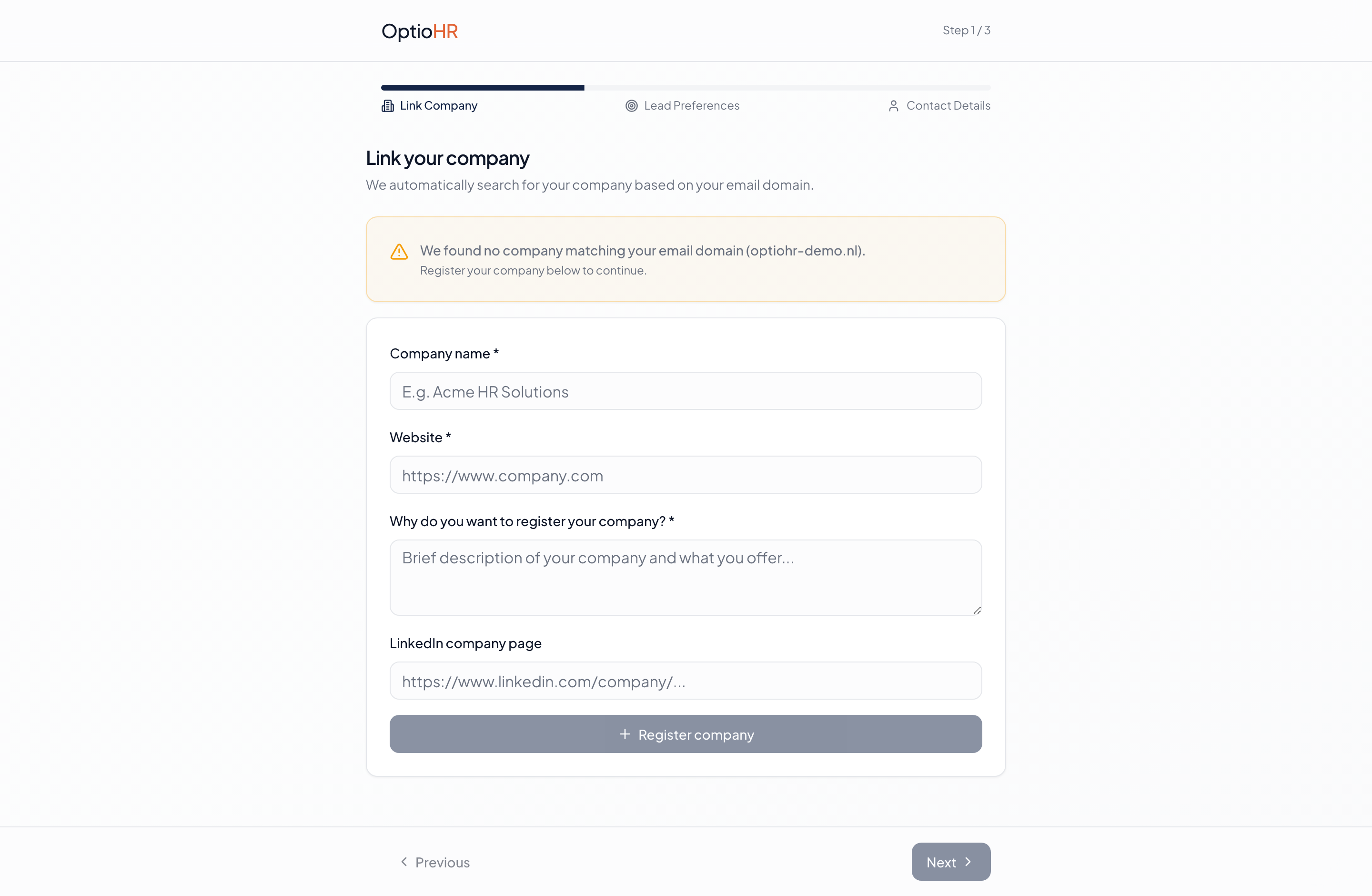Vendor sign-up and onboarding wizard.